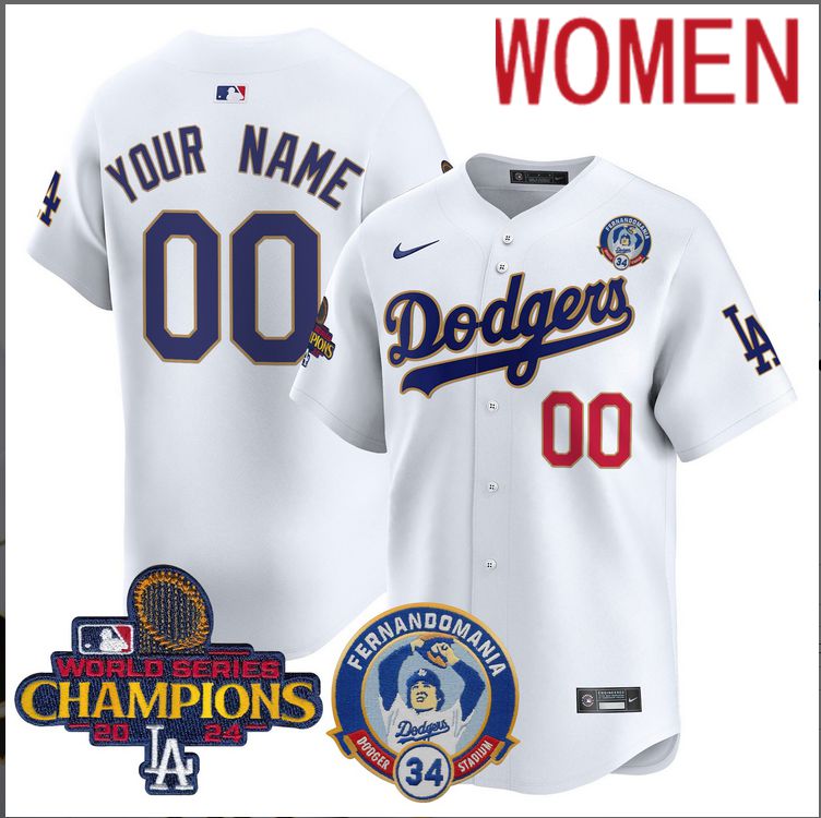 Women MLB Los Angeles Dodgers Custom white 2024 World Series Champions Patch Cooperstown Jersey style11